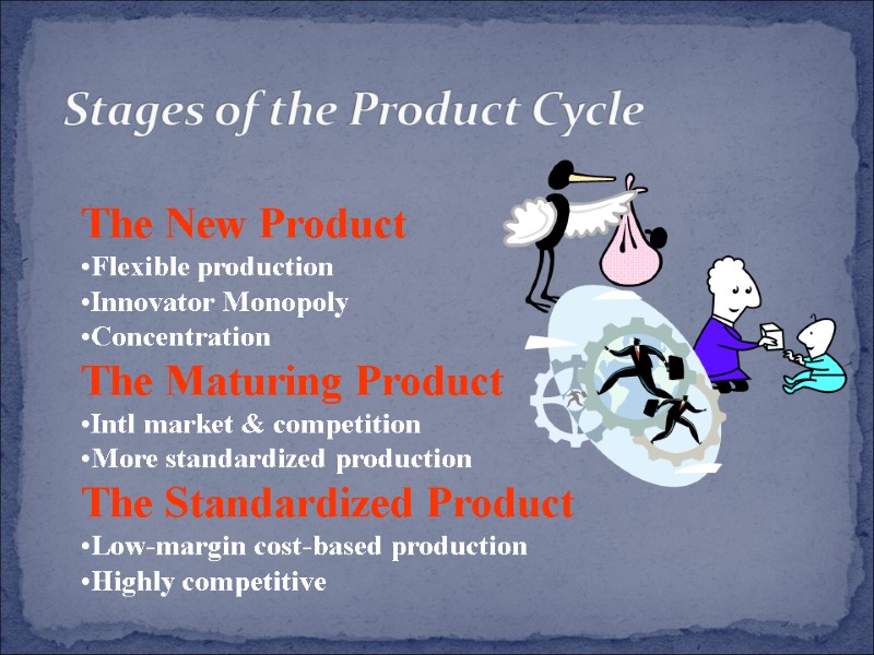 Stages of the Product Cycle  The New Product Flexible production Innovator Monopoly Concentration